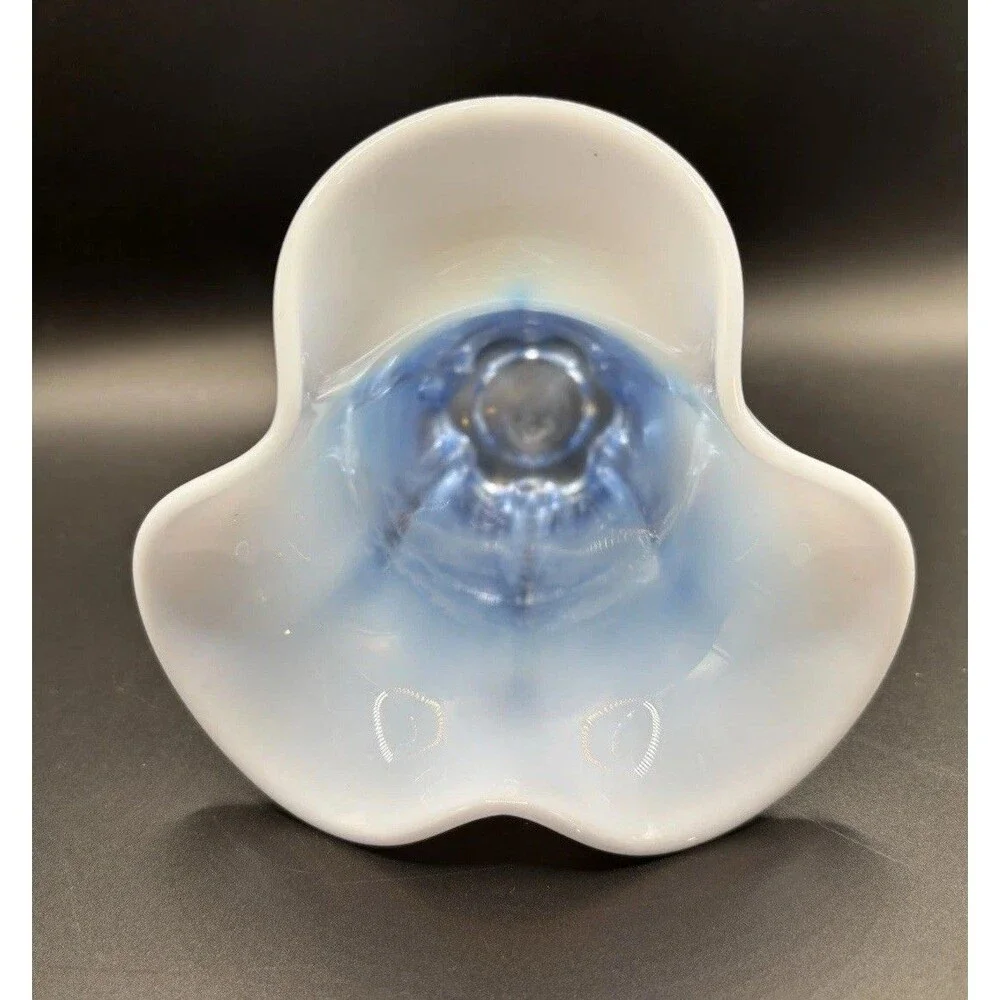 Duncan & Miller CANTERBURY #115 Blue Opalescent Glass Crimped Vase  5” tall